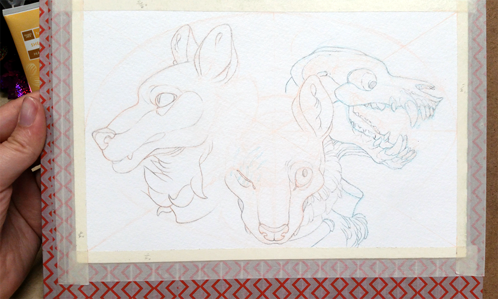 A progress picture of a painting. A sheet of watercolor paper is taped onto a board, with a drawing of a cerberus on it, facing the viewer. The left head is fine, the middle head is missing an ear, and the right head is primarily a spooky dog skull.